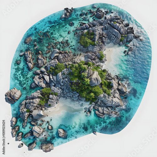 bird s eye drone view of a tropical island shoreline with clear blue waters and rocky beach with a white accent, png photo