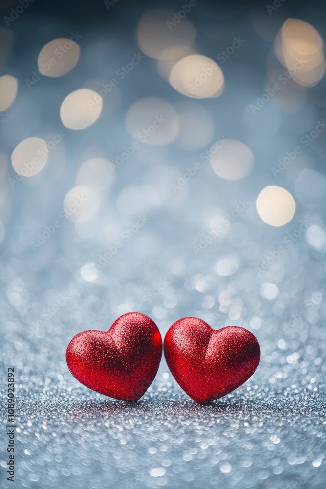 Two red hearts on a glittering background with bokeh lights, a romantic Valentine's Day background, a love concept. Two red hearts on a glittering background with bokeh lights, a romantic Valentine's Day background, a love concept.