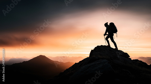 Wallpaper Mural Silhouette of a hiker with trekking poles ascending a rocky mountain at sunset with a vibrant sky. Torontodigital.ca