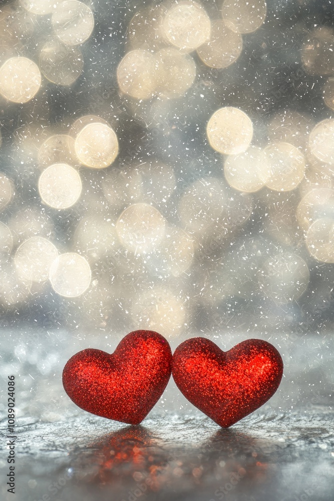 Two red hearts on a glittering background with bokeh lights, a romantic Valentine's Day background, a love concept. Two red hearts on a glittering background with bokeh lights, a romantic Valentine's Day background, a love concept.