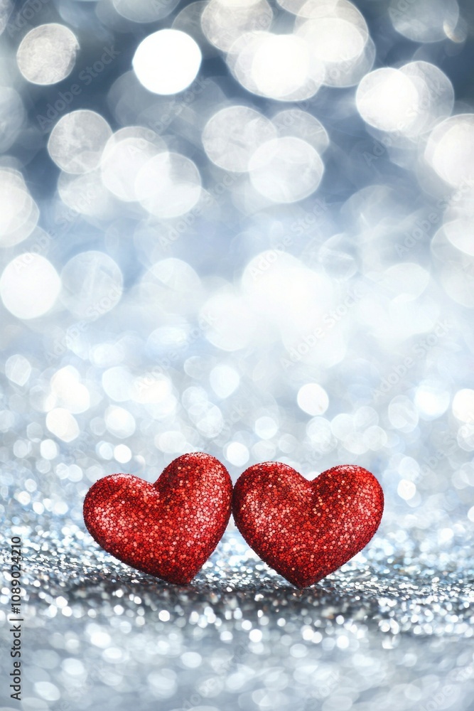 Two red hearts on a glittering background with bokeh lights, a romantic Valentine's Day background, a love concept. Two red hearts on a glittering background with bokeh lights, a romantic Valentine's Day background, a love concept.