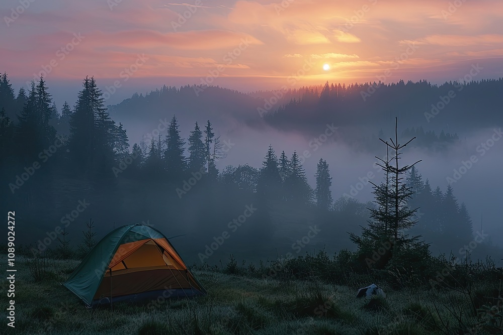 Tent in misty forest at sunrise. Perfect for travel, adventure, and nature themes. Tent in misty forest at sunrise. Perfect for travel, adventure, and nature themes.