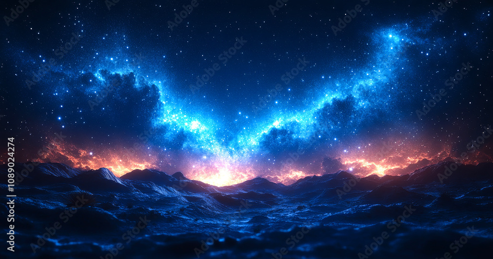 A blue and orange sky with stars and a large cloud. The sky is filled with stars and the clouds are orange A blue and orange sky with stars and a large cloud. The sky is filled with stars and the clouds are orange