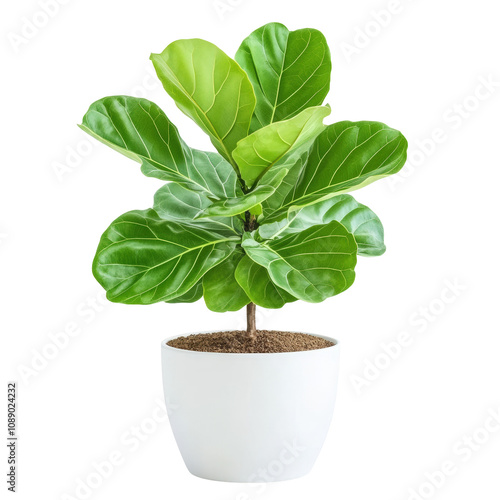 Ficus Lyrata or Fiddle leaf fig grown in a white Pot, Modern indoor plant isolated onw photo