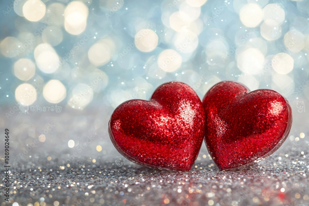 Fototapeta premium Two red hearts on a glittering background with bokeh lights, a romantic Valentine's Day background, a love concept. 