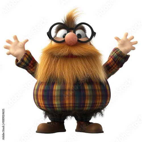 A cheerful cartoon character with glasses and plaid shirt, ready for fun. photo