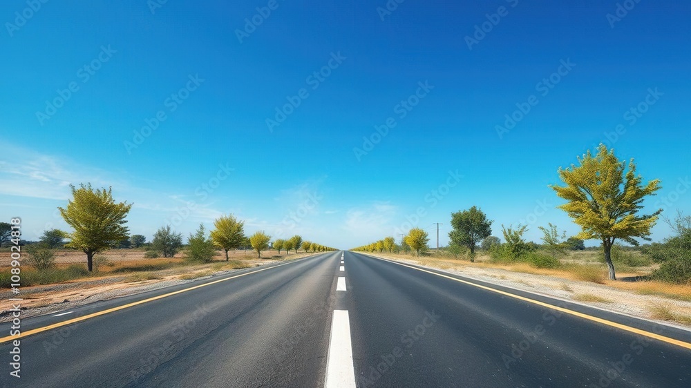 Asphalt road stretching into the distance under a vast blue sky with scattered green trees on either side, serene atmosphere, open space, winding road Asphalt road stretching into the distance under a vast blue sky with scattered green trees on either side, serene atmosphere, open space, winding road