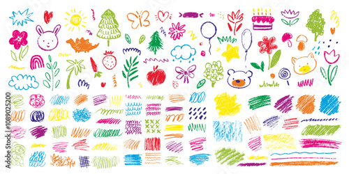 Big set of colorful hand painted various shapes, curls, forms, brush strokes and doodle objects. Childish simple hand drawn style. Cute characters. Category Graphic Resources 