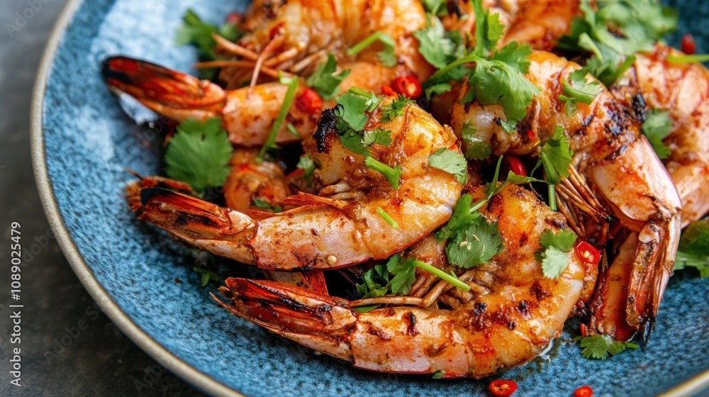 A plate of shrimp with a side of cilantro. The shrimp are cooked and are sitting on top of a blue plate A plate of shrimp with a side of cilantro. The shrimp are cooked and are sitting on top of a blue plate