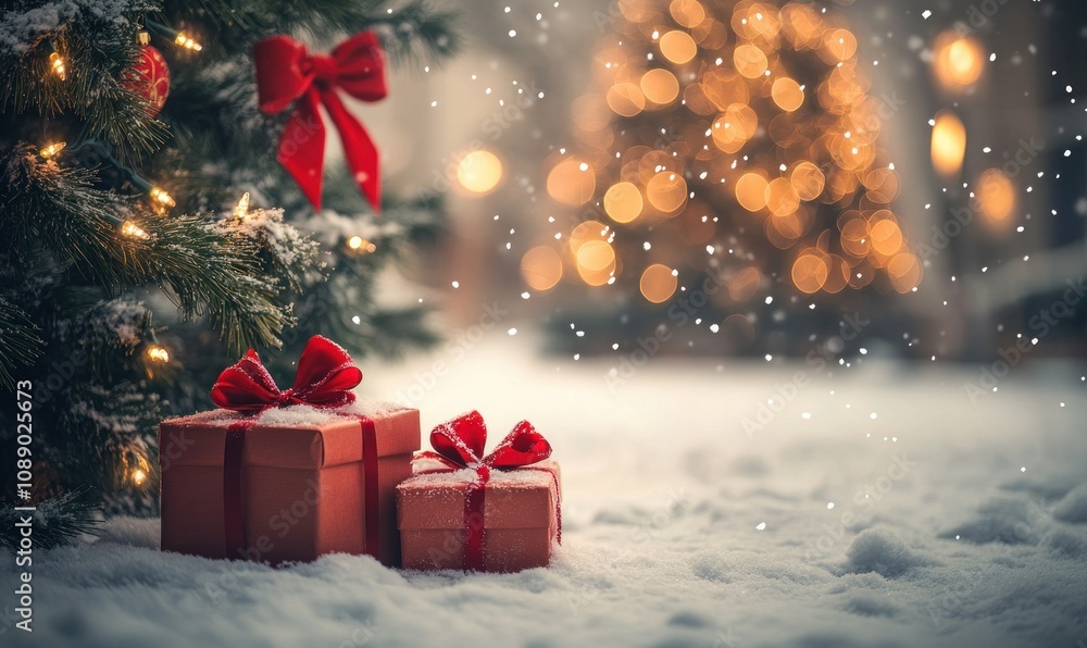 Christmas scene with white snow, pine trees, and presents wrapped in red ribbons and bows. Blurred background. Christmas tree decorated with lights and ornaments. Christmas scene with white snow, pine trees, and presents wrapped in red ribbons and bows. Blurred background. Christmas tree decorated with lights and ornaments.