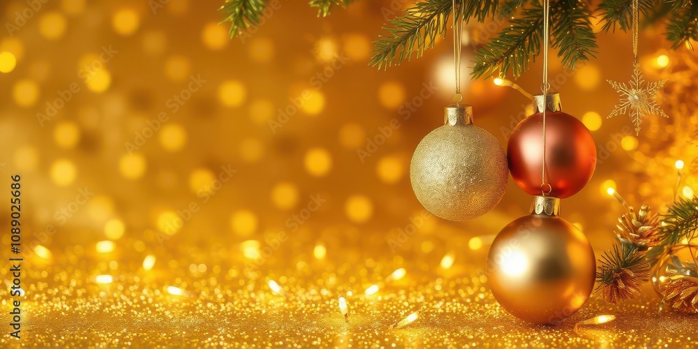 An elegant and shimmering golden Christmas background adorned with sparkling ornaments and twinkling lights, Christmas, sparkling An elegant and shimmering golden Christmas background adorned with sparkling ornaments and twinkling lights, Christmas, sparkling