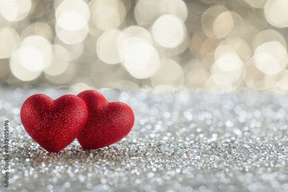 Fototapeta premium Two red hearts on a glittering background with bokeh lights, a romantic Valentine's Day background, a love concept. 