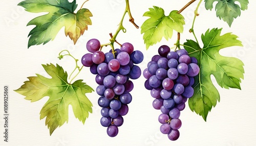 Wallpaper Mural Vibrant grapes and leaves watercolor art on white background Torontodigital.ca
