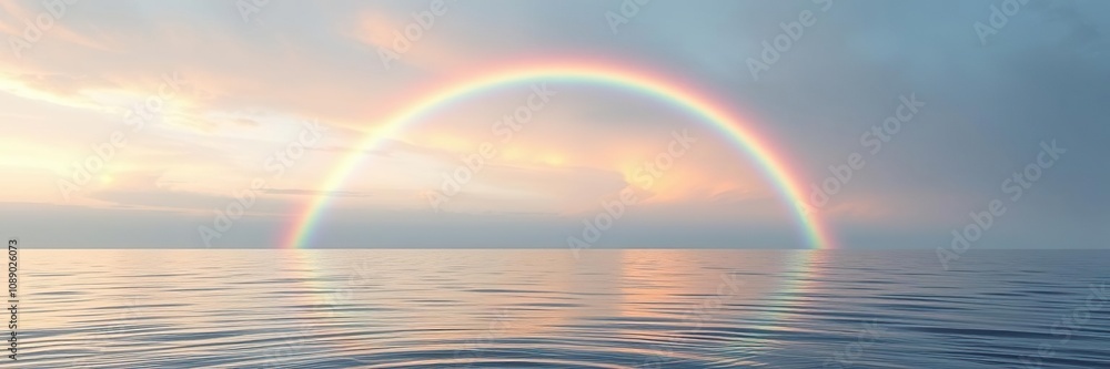 A tranquil abstract water platform with a vibrant rainbow arc stretching across the horizon, vibrant colors, colorful optics A tranquil abstract water platform with a vibrant rainbow arc stretching across the horizon, vibrant colors, colorful optics