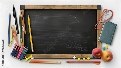 supplies for school border on black chalkboard, panorama with a white accent, png photo