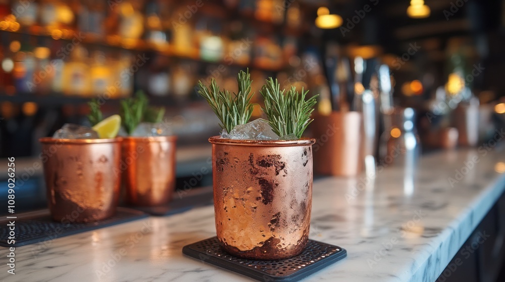 Copper Mugs with Rosemary Garnish on a Bar Counter Copper Mugs with Rosemary Garnish on a Bar Counter