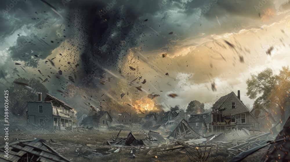Fototapeta premium Powerful tornado approaching and destroying a residential area with lightning and heavy rain