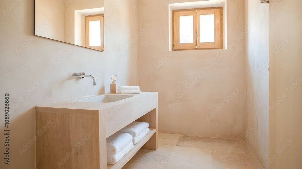 Refined Modern Bathroom Design with Light Wooden Vanity and Natural Stone Flooring - Elegant Minimalist Space Featuring Chrome Faucet and Warm Lighting for a Luxurious Upgrade Refined Modern Bathroom Design with Light Wooden Vanity and Natural Stone Flooring - Elegant Minimalist Space Featuring Chrome Faucet and Warm Lighting for a Luxurious Upgrade