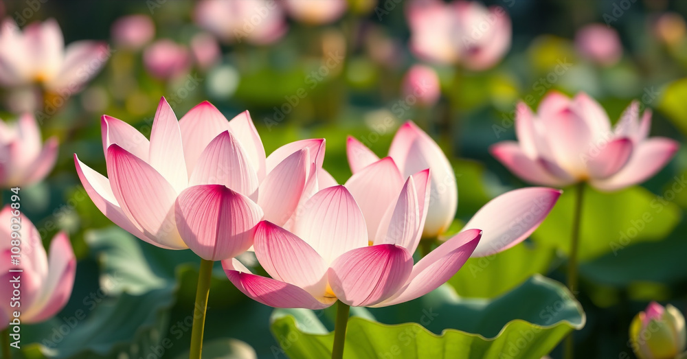 Fototapeta premium Beautiful Pink Lotus Flowers and Leaves in a Sunlit Pond.