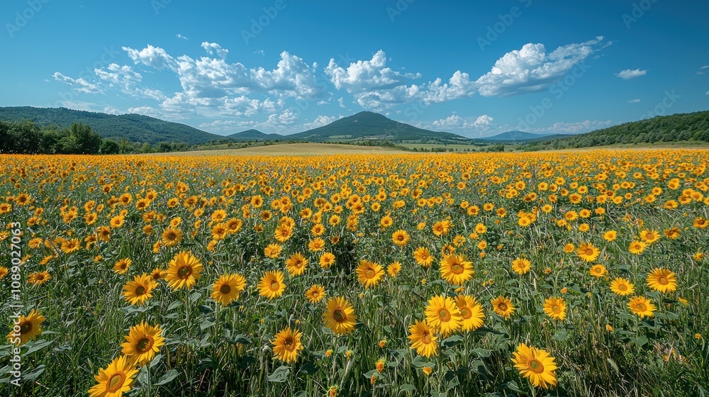 Sunflowers Field Summer Landscape Rolling Hills Blue Sky Sunflowers Field Summer Landscape Rolling Hills Blue Sky