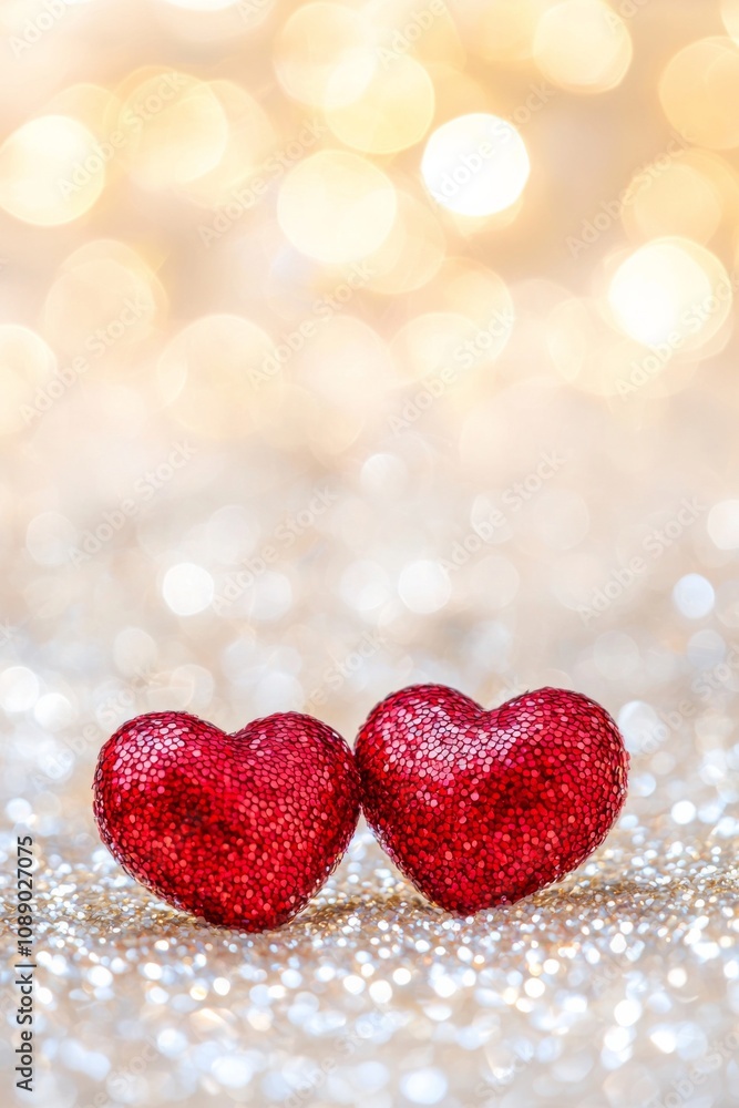 Fototapeta premium Two red hearts on a glittering background with bokeh lights, a romantic Valentine's Day background, a love concept. 