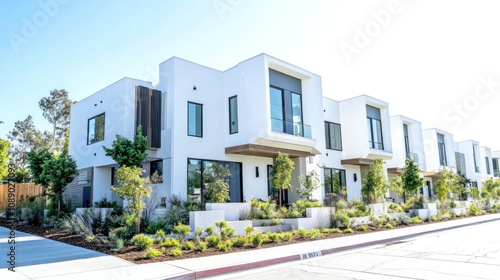 A row of white houses with green trees in front of them. The houses are all the same size and are lined up next to each other