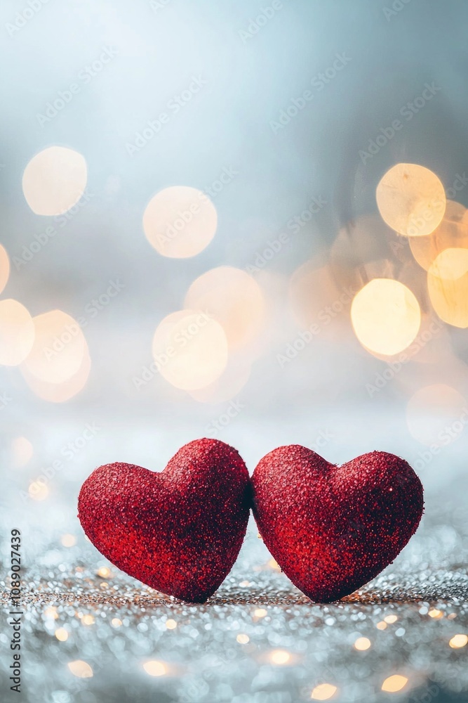 Two red hearts on a glittering background with bokeh lights, a romantic Valentine's Day background, a love concept. Two red hearts on a glittering background with bokeh lights, a romantic Valentine's Day background, a love concept.