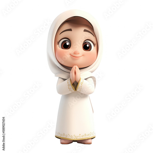 A cute cartoon character in traditional attire, expressing peace and kindness.