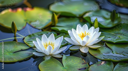 White water lilies float on water. This photo captures the serenity and beauty of nature, perfect for projects about peace, tranquility, and growth.