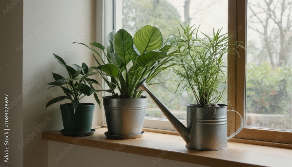 Beautiful indoor plants arranged by the window in stylish pots, showcasing nature in a cozy home Beautiful indoor plants arranged by the window in stylish pots, showcasing nature in a cozy home
