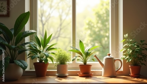 Arrangement of indoor plants by the sunny window with a watering can, enhancing a bright and cozy home environment