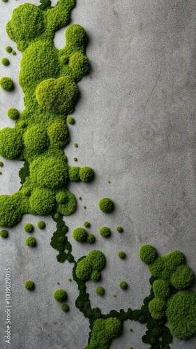 Green moss art adorns a gray concrete surface creating a unique texture and pattern