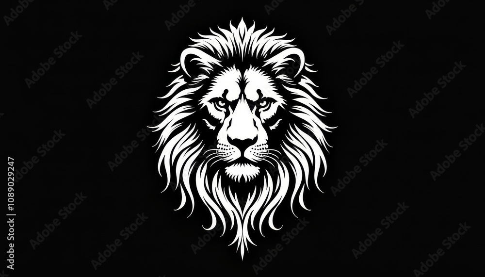 Fototapeta premium Minimalist black and white lion illustration featuring stylized mane and fierce expression on a dark background