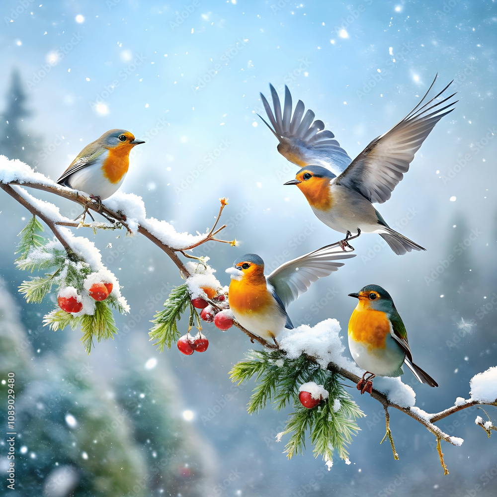 snowy time winter birds flying or holding branch snowy time winter birds flying or holding branch
