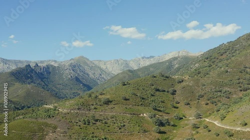 Drone flight in the natural environment of the site of the Celtic Oppidum Vetton of El Raso, 3rd century BC, in the central massif of the Sierra de Gredos in Ávila, enjoying its imposing mountains photo