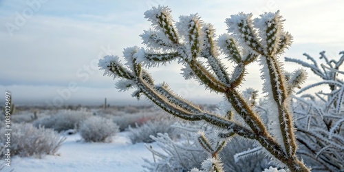 Cholla cactus branches with snow and ice forming intricate patterns, snow laden, frosty, winter scene, cactus, arid land