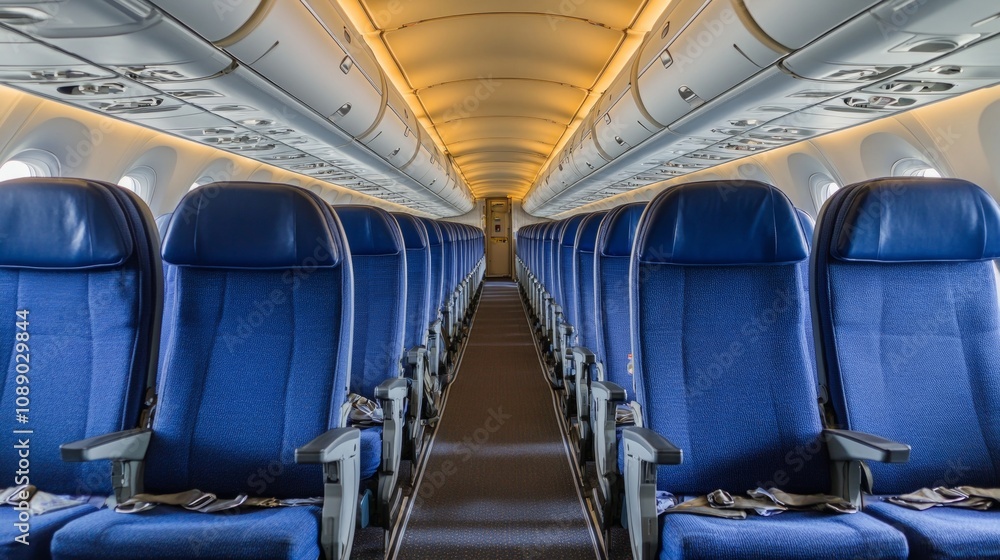 Fototapeta premium Empty Economy Class Cabin of Passenger Airplane with Blue Seats and Aisle in the Middle