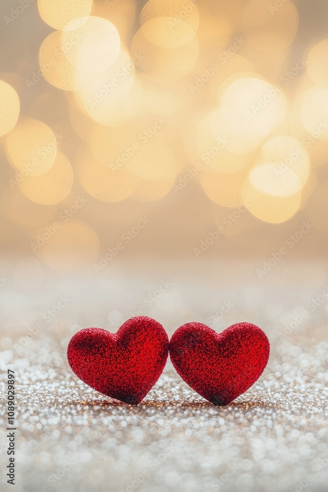Two red hearts on a glittering background with bokeh lights, a romantic Valentine's Day background, a love concept. Two red hearts on a glittering background with bokeh lights, a romantic Valentine's Day background, a love concept.