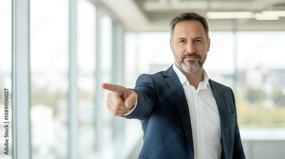 Confident Business Professional Pointing to Viewer in Modern Office - Motivational Atmosphere with City View Inspiring Leadership and Focused Engagement Confident Business Professional Pointing to Viewer in Modern Office - Motivational Atmosphere with City View Inspiring Leadership and Focused Engagement