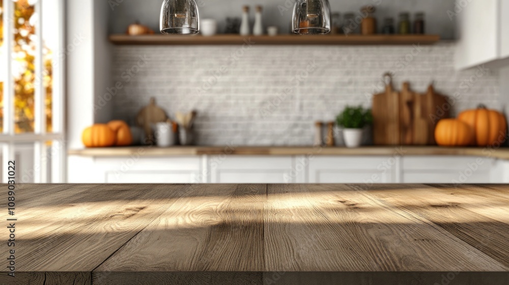 Two pumpkins on a wooden table. The table is in a kitchen. There are many other items in the kitchen, including a bowl, a knife, and a bottle Two pumpkins on a wooden table. The table is in a kitchen. There are many other items in the kitchen, including a bowl, a knife, and a bottle