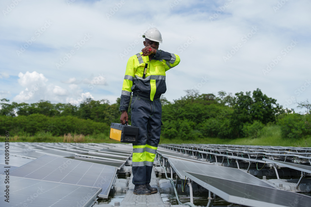 African-American engineer carefully examines cutting-edge floating solar panel system designed to harness renewable energy for complex industries... African-American engineer carefully examines cutting-edge floating solar panel system designed to harness renewable energy for complex industries...