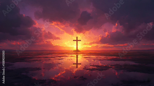 dramatic sunset scene featuring cross silhouetted against vibrant clouds, reflecting in water