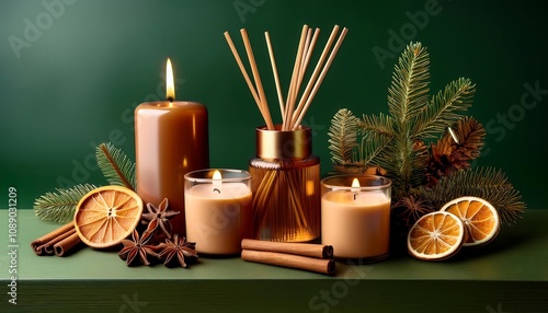 Elegant Christmas candles and reed diffuser with festive decorations on a green background. Generative AI