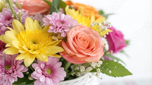 Close-up watercolor flower arrangement featuring a mix of bright and pastel colors, pastel colors, greenery