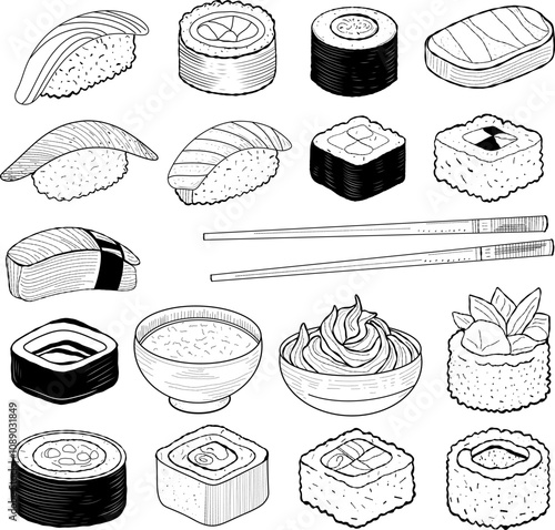 Black and white illustration of various sushi types, including nigiri, maki, and rolls, along with chopsticks, a rice bowl, wasabi, and soy sauce. Minimalistic and detailed line art. 