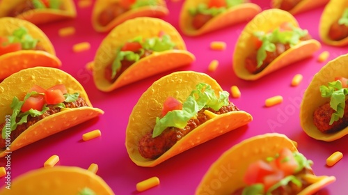 Playful 3D Mini Tacos with Glowing Ingredients on Vibrant Mexican Themed Background photo