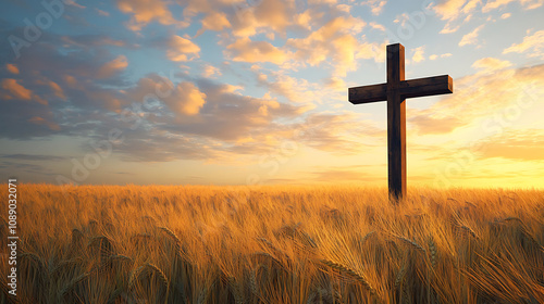 peaceful rural scene featuring wooden cross in golden wheat field at sunset