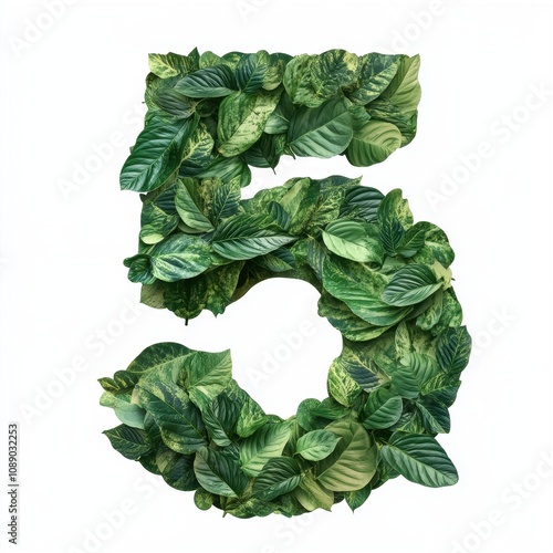 A decorative number five made of various green leaves, symbolizing nature and growth.