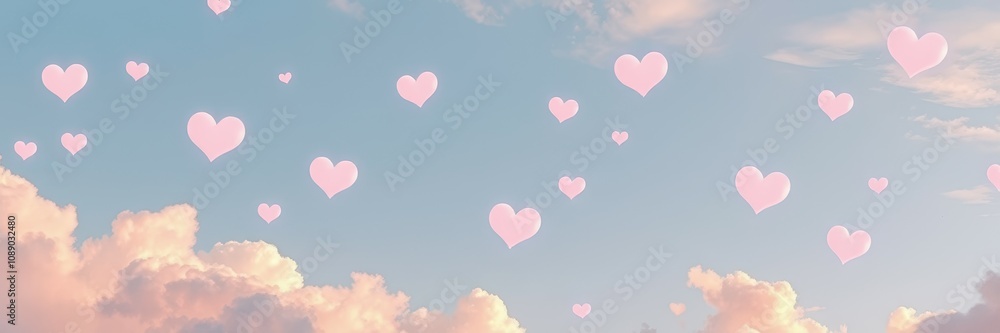 Pink hearts float gently across a pastel sky filled with soft clouds Pink hearts float gently across a pastel sky filled with soft clouds