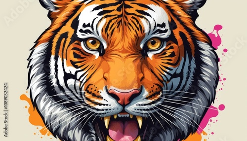 Bold illustration of a tiger's face with vibrant colors on neutral background